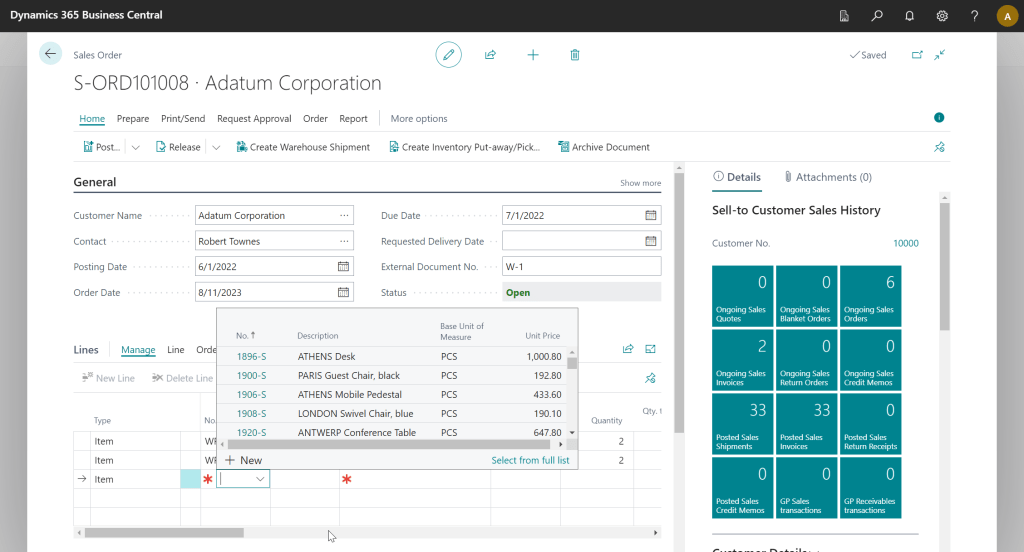 Business Central (version 22) Sales Line Item Lookup, where we only have the action to "Select from full list"