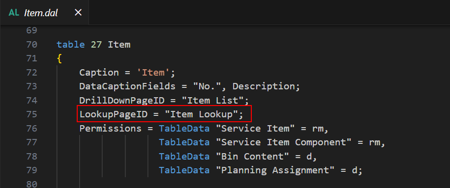 The Item table has a LookupPageID defined 
