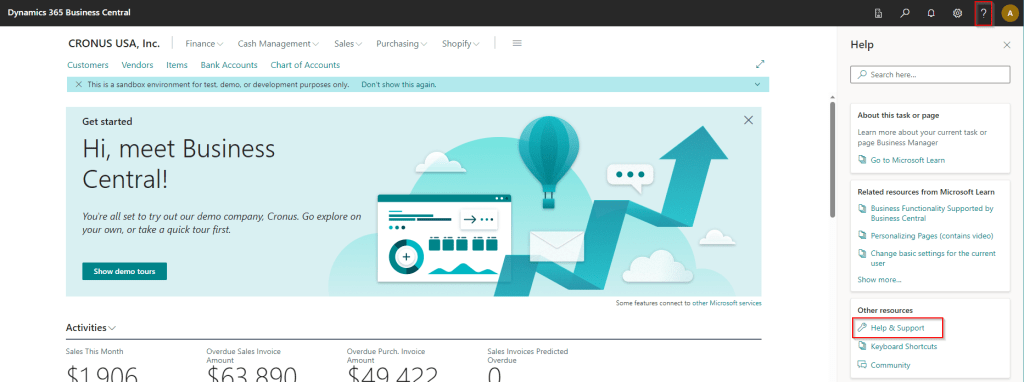 Business Central loaded, with the Help "?" icon highlighted, showing how to locate "Help & Support"
