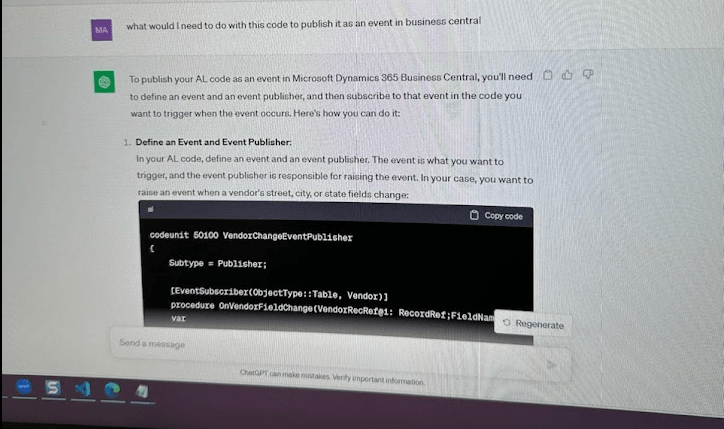 asking ChatGPT what would I need to do with this code to publish it as an event in business central