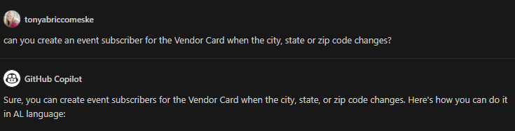 Asking GitHub Copilot a question - can you create an event subscriber for the Vendor Card when the city, state or zip code changes?