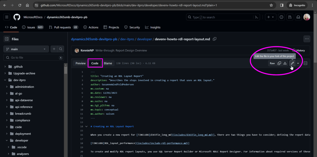 When clicking on Code within the markdown file you can view the markdown code. On the right hand side you can click the pencil to edit the file in your fork of this project