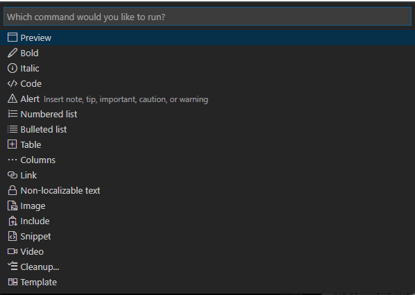 markdown commands that are available from the Docs Authoring Pack for Visual Studio Code