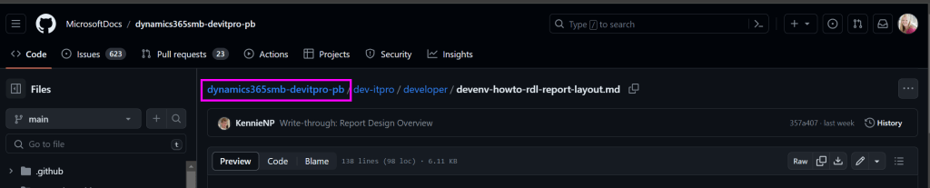 click on the repository name (dynamics365smb-devitpro-pb) to navigate to the repository