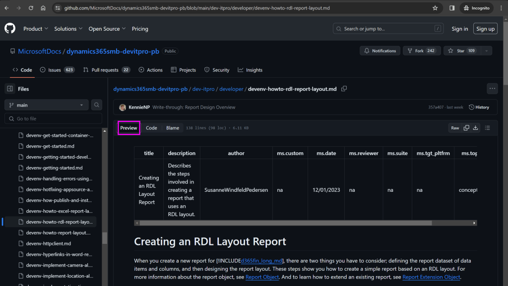 The doc article is opened as a markdown file in Preview mode. 