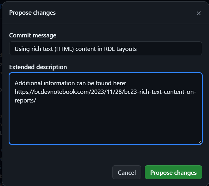 Propose changes popup when committing your changes. 
