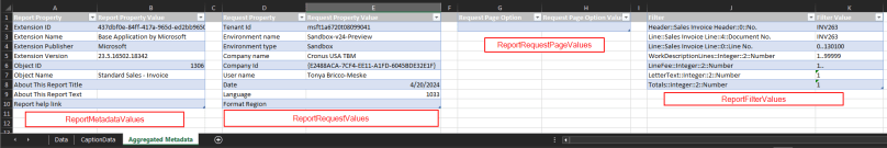 The Aggregated Metadata tab has the following tables: 
ReportMetadataValues
ReportRequestValues
ReportRequestPageValues
ReportFilterViews