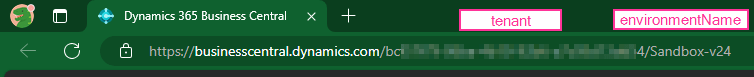 screenshot showing where a tenant and environmentName can be found within a Business Central URL