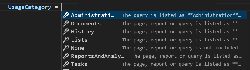 A screenshot from VS Code showing the different Usage Categories that are available. 