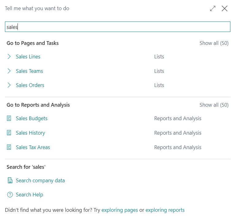 Example of Search for "sales" that shows the different usage categories