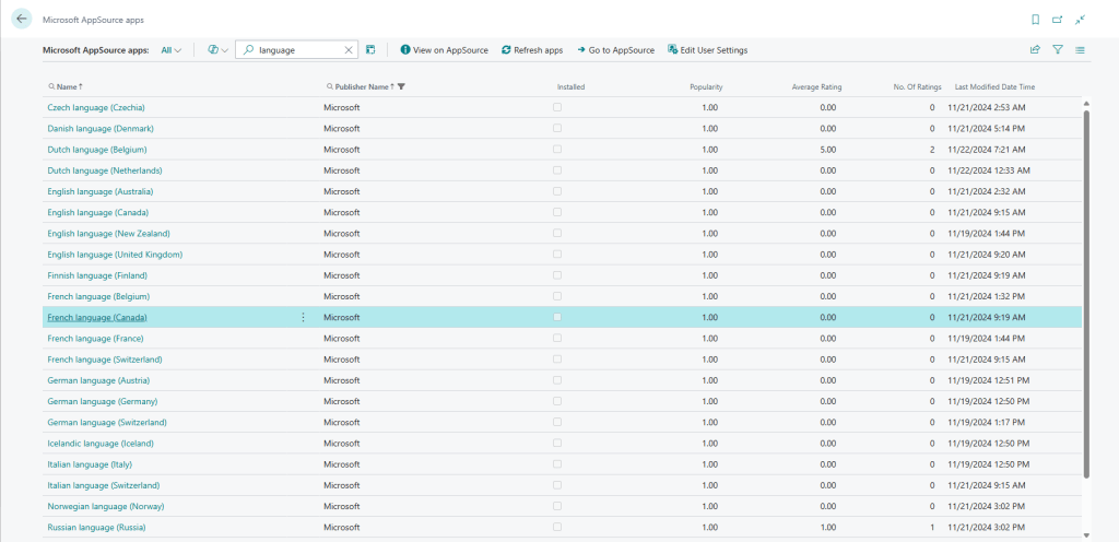 Installing languages from Microsoft AppSource for Business Central