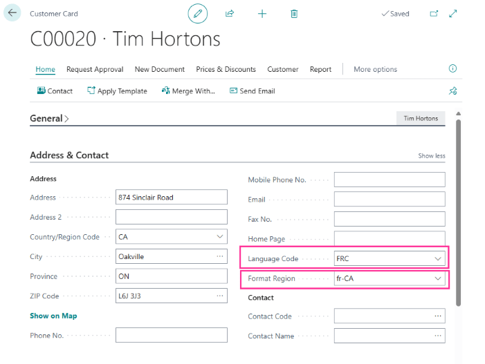 New Customer - Tim Hortons - which is displaying the Language Code and Format Region being set to support French-Canadian