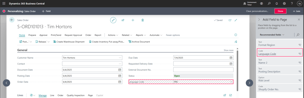 Personalize the Sales Order page to display the Language Code 