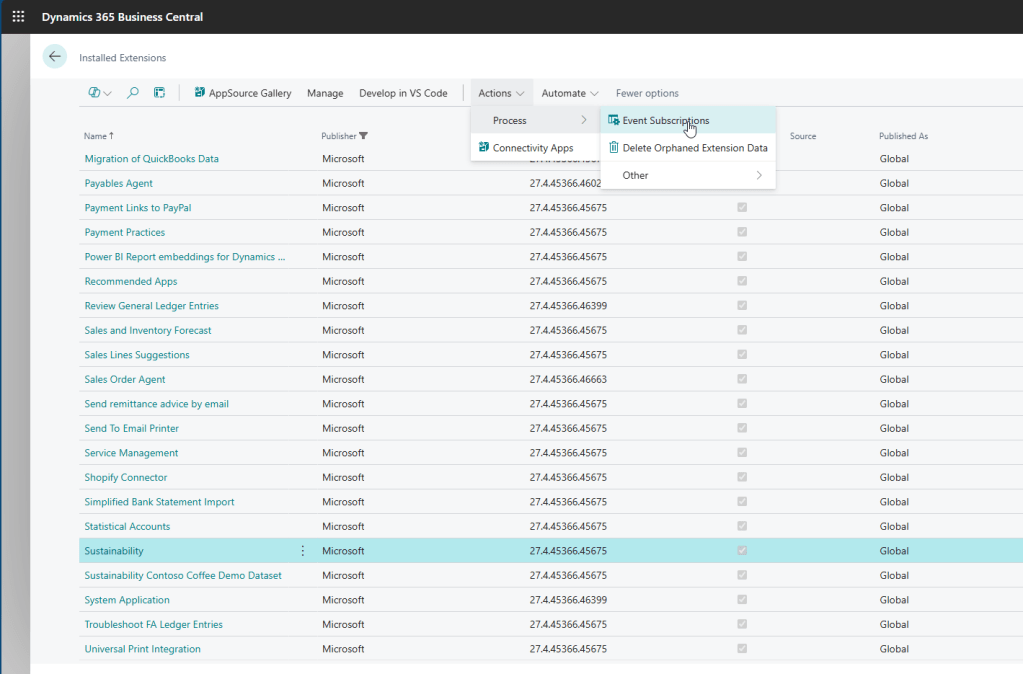 On Extension Management, if you highlight the Sustainability app from Microsoft, navigate to Actions > Process > Event Subscriptions. 